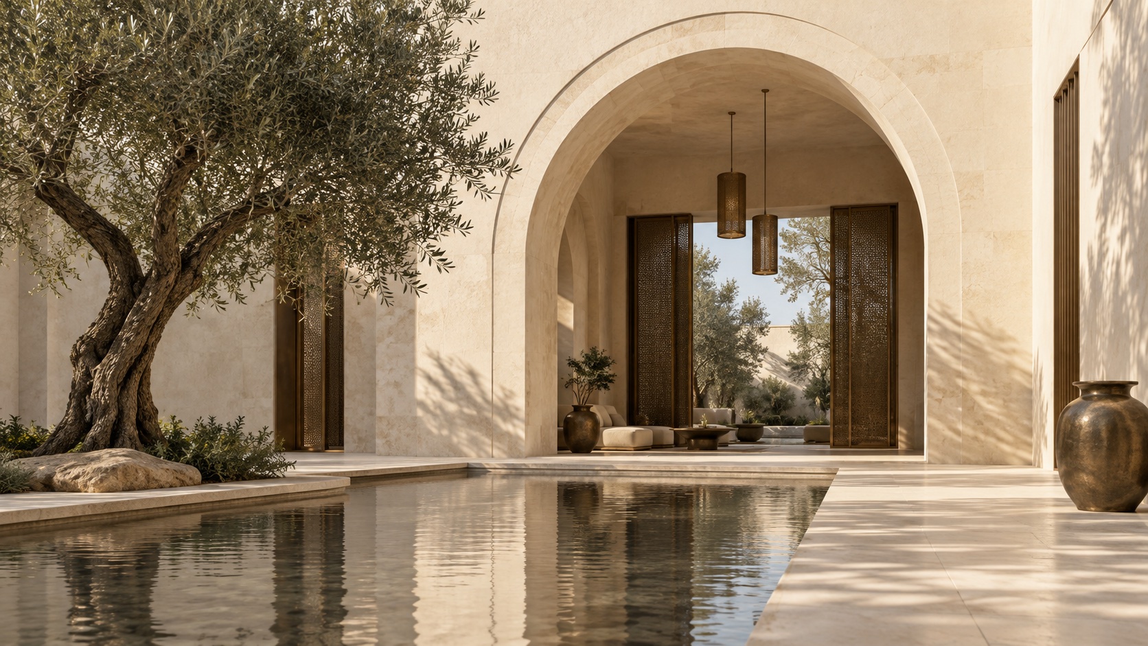 Architectural concept of a sunlit stone courtyard with greenery and a reflecting pool